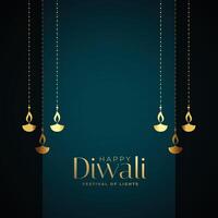 premio contento Diwali carta con d'oro diya design vettore