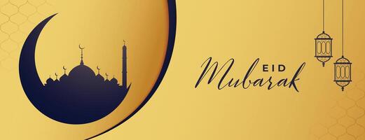 eid mubarak d'oro bandiera con creativo Luna e moschea vettore