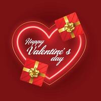rosso neon cuore telaio san valentino giorno auguri carta con pacco regalo vettore