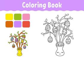 libro da colorare per bambini. carattere allegro. albero delle uova di Pasqua. illustrazione vettoriale. stile cartone animato carino. pagina di fantasia per bambini. sagoma di contorno nero. isolato su sfondo bianco. vettore