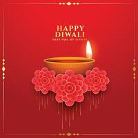 contento Diwali rosso pooja sfondo con realistico diya e fiore vettore