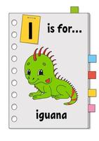 io è per l'iguana. gioco abc per bambini. parola e lettera. imparare le parole per studiare l'inglese. personaggio dei cartoni animati. illustrazione vettoriale a colori. animale carino.