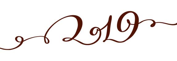 Handwritting testo di calligrafia di vettore di flourish 2019. Nuovo anno e Natale disegnati a mano numero 2019 di iscrizione Illustrazione per la cartolina d&#39;auguri, invito, etichetta di feste, isolata su fondo bianco