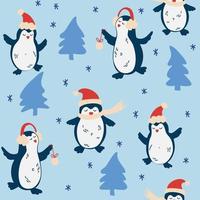 Reticolo senza giunte dei pinguini di Natale. simpatici pinguini divertenti, vestiti diversi, varie pose. modello di capodanno per il design su un tema natalizio. vettore vacanze invernali stampa per tessile, carta da parati.
