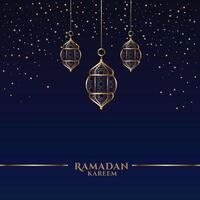 Ramadan kareem carta con islamico sospeso lanterne vettore