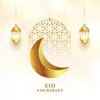 d'oro brillante Luna eid mubarak sfondo con sospeso lanterna vettore