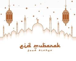 bellissimo eid mubarak islamico sfondo con moschea e lanterna vettore