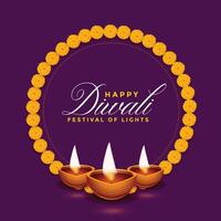 realistico Diwali diya con fiore telaio sfondo vettore