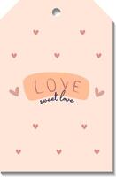 singolo mano disegnare San Valentino etichette, distintivo isolato su etichetta bianca con lettering amore dolce amore, parola amore e cuori. etichetta nel scarabocchio stile. pesca peluria, beige, rosa e rosso colori. vettore
