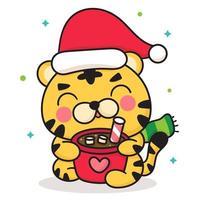 il vettore del fumetto della tigre indossa un cappello da Babbo Natale carino bevi una cioccolata calda