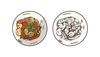 biologico cibo. disegnato a mano colorato e monocromatico vettore schizzo di piatto di grigliato verdure. Vintage ▾ illustrazione. decorazioni per il menù di caffè. inciso Immagine.