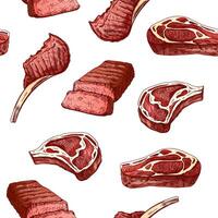 disegnato a mano vettore senza soluzione di continuità modello di grigliato Manzo bistecca, pezzo di carne. Vintage ▾ scarabocchio illustrazione. schizzo per bar menu e etichette. il inciso Immagine.