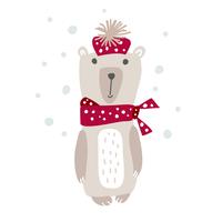 Illustrazione disegnata a mano di vettore di un orso divertente sveglio in un silenziatore. Design in stile scandinavo natalizio. Oggetti isolati su sfondo bianco. Concetto per abbigliamento per bambini, stampa vivaio
