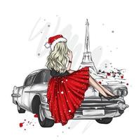 bella ragazza in abiti natalizi e un'auto retrò. moda e stile, abbigliamento e accessori. vettore