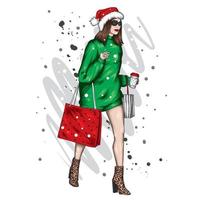 bella ragazza in abiti natalizi e caffè. moda e stile, abbigliamento e accessori. vettore