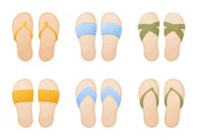 estate scarpa impostare, Flip flop, pantofole per spiaggia, vacanza, confortevole sandali, giallo, blu e verde, cartone animato stile vettore illustrazione