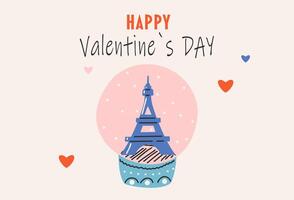 carta modello per santo San Valentino giorno, 14 febbraio. mano disegnato carte con bicchiere strato con eiffel Torre, cuore, testo. vettore