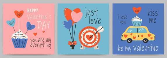 cartoline modelli impostato per santo San Valentino giorno, 14 febbraio. mano disegnato carte con macchina, obbiettivo, freccia, cupcake, cuore, testo. vettore