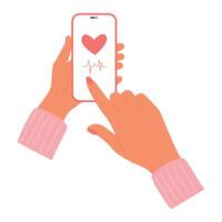 monitoraggio cuore Vota su Telefono inseguitore app. femmina dito spingendo su schermo per controllo battito cardiaco pulse vettore