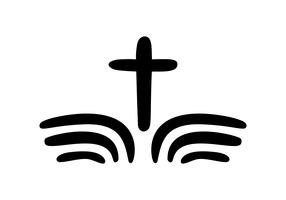 Illustrazione vettoriale di Christian Logo. Emblema con croce e Sacra Bibbia. Comunità religiosa. Elemento di design per poster, logo, badge, segno