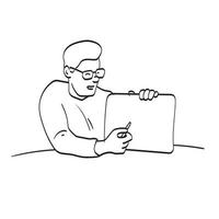 line art uomo con gli occhiali che puntano su uno spazio vuoto nel vettore dell'illustrazione del tablet isolato su sfondo bianco