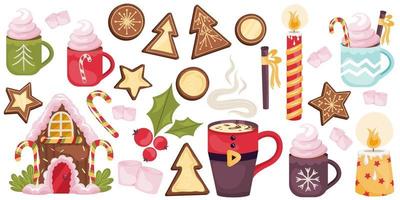 set natalizio con bevande al cacao, biscotti, panpepato, bastoncini di zucchero.casa di pan di zenzero con caramello e panna, candele e cannella. illustrazione di vettore della decorazione di natale.