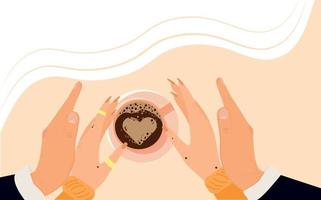 uomo e donna che tengono una tazza di caffè con latte art e crema a forma di cuore in mano. illustrazione vettoriale