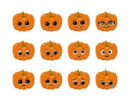 set di simpatici personaggi di zucca con emozioni gioiose e tristi, viso, occhi grandi e ampio sorriso felice o lacrime. decorazione della festa di halloween. malizioso eroe vegetale autunnale arancione vettore