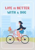 in bicicletta con l'animale domestico nel modello di vettore piatto poster cesto. cura degli animali. brochure, libretto di una pagina concept design con personaggi dei cartoni animati. la vita è migliore con il volantino per cani, il volantino con lo spazio della copia