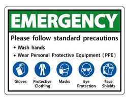 emergenza si prega di seguire le precauzioni standard, lavarsi le mani, indossare dispositivi di protezione individuale dpi, guanti indumenti protettivi maschere protezione per gli occhi visiera vettore