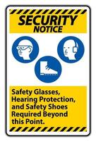 avviso di sicurezza firmare occhiali di sicurezza, protezioni per l'udito e scarpe antinfortunistiche richieste oltre questo punto su sfondo bianco vettore