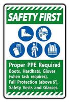 sicurezza primo segno di protezione adeguata necessari stivali, elmetti protettivi, guanti quando l'attività richiede protezione anticaduta con simboli DPI vettore