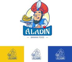 Aladin banana persone cibo logo, fresco adesivo giallo icona vettore illustrazione, frutta concetto isolato, contorno piatto stile cartone animato per patatine stick torta pane