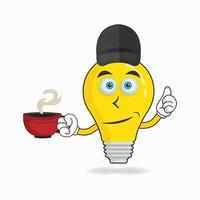personaggio mascotte della lampadina che tiene una tazza di caffè calda. illustrazione vettoriale