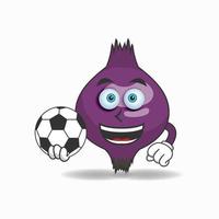 il personaggio mascotte della cipolla viola diventa un giocatore di calcio. illustrazione vettoriale