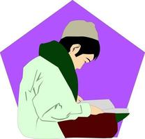 illustrazione vettoriale bambino islam musulmano che legge al corano con cappello accessori islamici in ramadan.