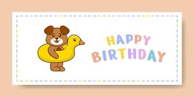 banner di buon compleanno con simpatico personaggio dei cartoni animati di cane. illustrazione vettoriale