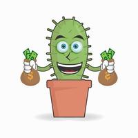 personaggio mascotte del cactus che tiene soldi. illustrazione vettoriale