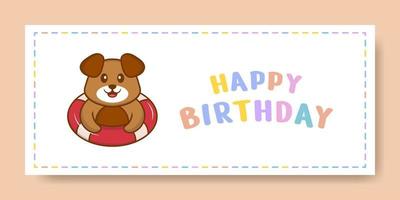 banner di buon compleanno con simpatico personaggio dei cartoni animati di cane. illustrazione vettoriale
