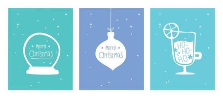 set di cartoline di buon natale. poster di Natale con palline, globo di neve e vino caldo. biglietto di auguri di capodanno in stile doodle. vettore