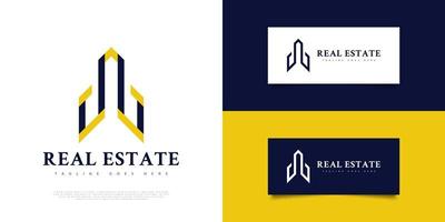 disegno astratto del logo immobiliare semplice e pulito in blu e giallo. costruzione, architettura o costruzione del logo design vettore