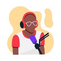 il giovane afroamericano con gli occhiali sta registrando un podcast. ragazzo con le cuffie e un microfono in uno studio di registrazione, disegnato in uno stile piatto. illustrazione vettoriale