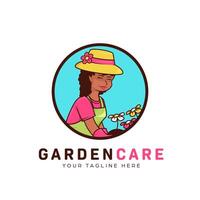 fiore giardinaggio paesaggio e cura del prato logo con umile africano giardiniere donna portafortuna icona illustrazione vettore