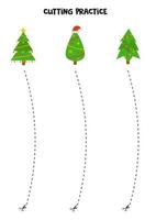 pratica di taglio per bambini con alberi di Natale simpatici cartoni animati. vettore