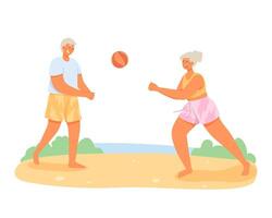 adulto coppia riposo vicino fiume. uomo e donna giocando palla su riva spiaggia vettore