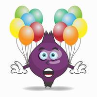 personaggio mascotte cipolla viola che tiene un palloncino. illustrazione vettoriale