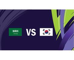Arabia arabia e Corea repubblica incontro bandiere asiatico nazioni 2023 emblemi squadre paesi asiatico calcio simbolo logo design vettore illustrazione