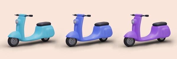 impostato di 3d elettrico scooter nel blu e viola colori. veicoli per superamento traffico marmellate vettore