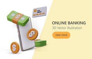 manifesto con realistico 3d mobile Telefono, credito carta e banconote vettore