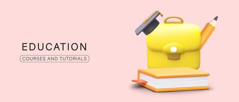 3d realistico valigetta, matita, libro e cappello. pubblicità manifesto per Università concetto vettore